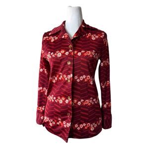 Vintage ‘70s Burgundy Floral Print Long Sleeve Collared Button Front Blouse